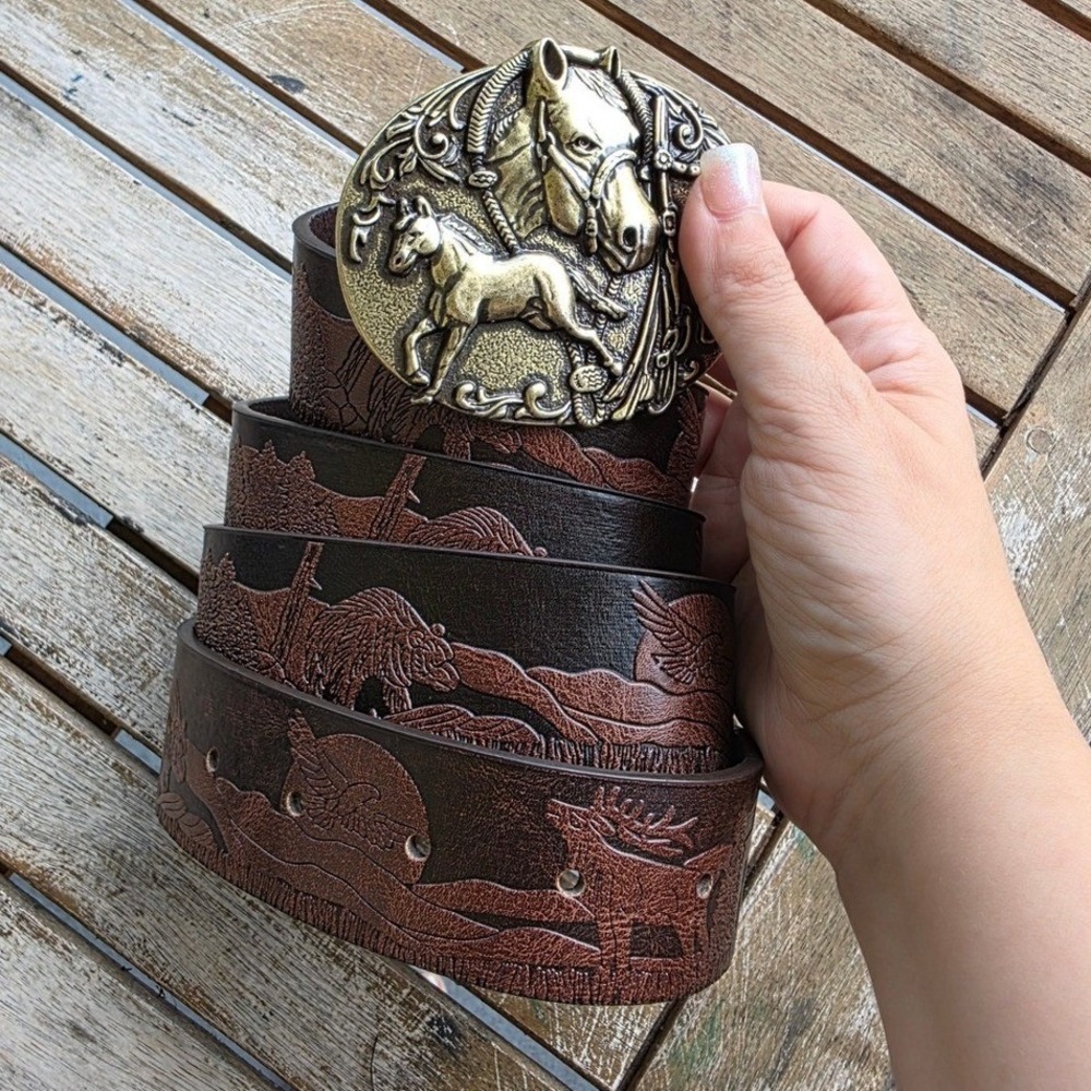 Western Brown Embossed Leather Belt Horse Foal Brass Trophy Buckle Wildlife Deer